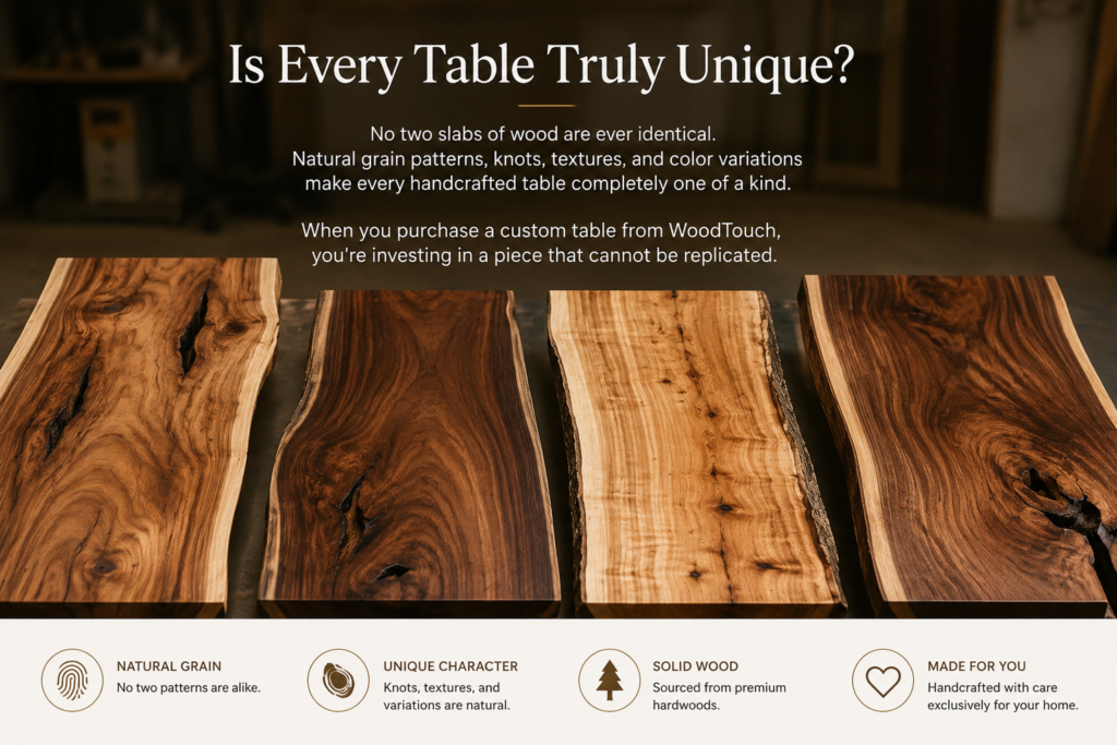 Custom dining table crafted from unique solid wood slabs with natural grain patterns, knots, and rich wood textures by WoodTouch.